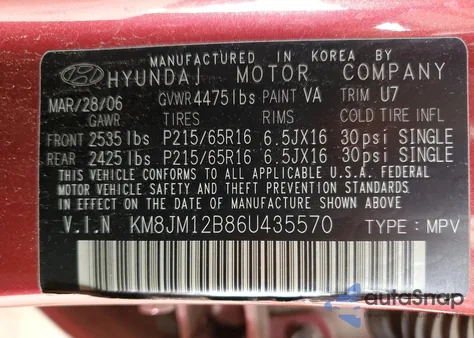 2006 Hyundai Tucson Gl из США, поврежденный, VIN KM8JM12B86U435570